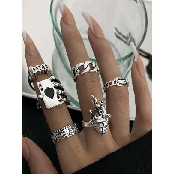 6x Silver Goth Emo Punk Rings Set – Heart Ace Dice Skeleton - Picture 1 of 5